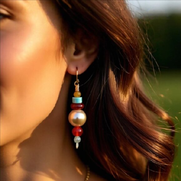 Colorful & Vibrant! Gemstone Beaded Cepter Earrings! Fall Colors! Mixed Media - Picture 2 of 9